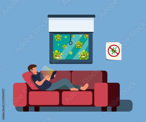 guy laying on sofa playing smartphone table,  stay at home or self quarantine to protection from corona virus infection in cartoon flat illustrtion vector