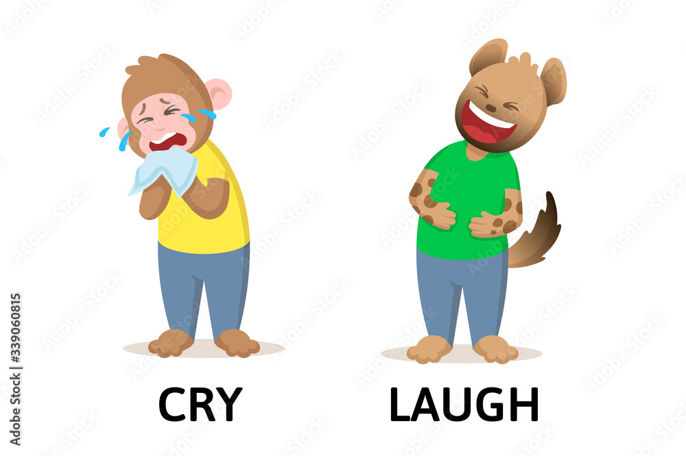 Words cry and laugh textcard with cartoon monkey and hyena characters. Opposite adjectives explanation card. Flat vector illustration, isolated on white background. Words cry and laugh textcard with cartoon monkey and hyena characters. Opposite adjectives explanation card. Flat vector illustration, isolated on white background.
