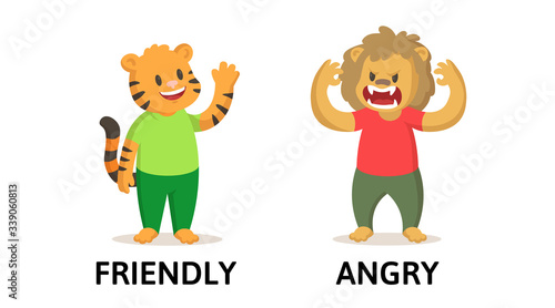Words friendly and angry textcard with tiger and lion cartoon characters. Opposite adjectives explanation card. Flat vector illustration, isolated on white background.