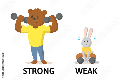 Words strong and weak textcard with cartoon bear and rabbit characters. Opposite adjectives explanation card. Flat vector illustration, isolated on white background.