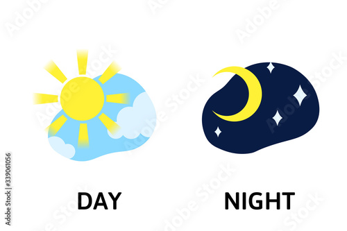 Words day and night comparison textcard. Opposite adjectives explanation card. Flat vector illustration, isolated on white background.