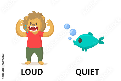 Words quiet and loud textcard with cartoon lion and fish characters. Opposite adjectives explanation card. Flat vector illustration, isolated on white background.
