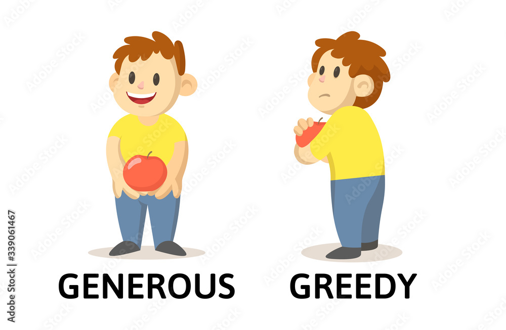 Words generous and greedy flashcard with cartoon boy characters. Opposite adjectives explanation card. Flat vector illustration, isolated on white background. Words generous and greedy flashcard with cartoon boy characters. Opposite adjectives explanation card. Flat vector illustration, isolated on white background.
