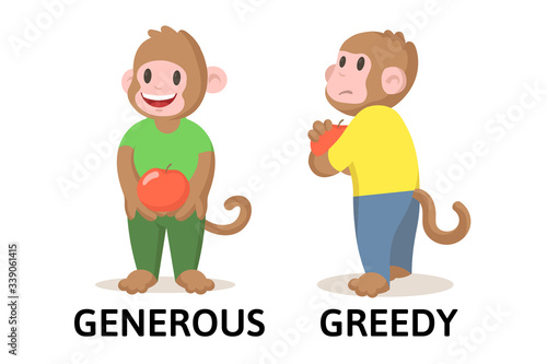 Words generous and greedy textcard with two cartoon monkey characters. Opposite adjectives explanation card. Flat vector illustration, isolated on white background.