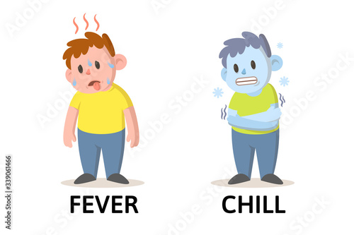 Words fever and chill opposites flashcard with cartoon boy characters. Opposite nouns explanation card. Flat vector illustration, isolated on white background.