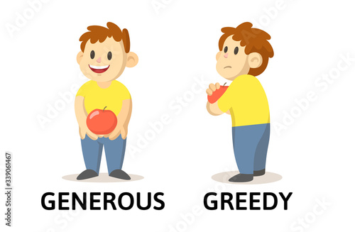 Words generous and greedy flashcard with cartoon boy characters. Opposite adjectives explanation card. Flat vector illustration, isolated on white background.