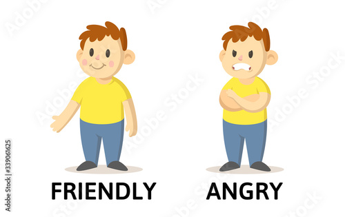 Words friendly and angry opposites flashcard with cartoon boy characters. Opposite adjectives explanation card. Flat vector illustration, isolated on white background.