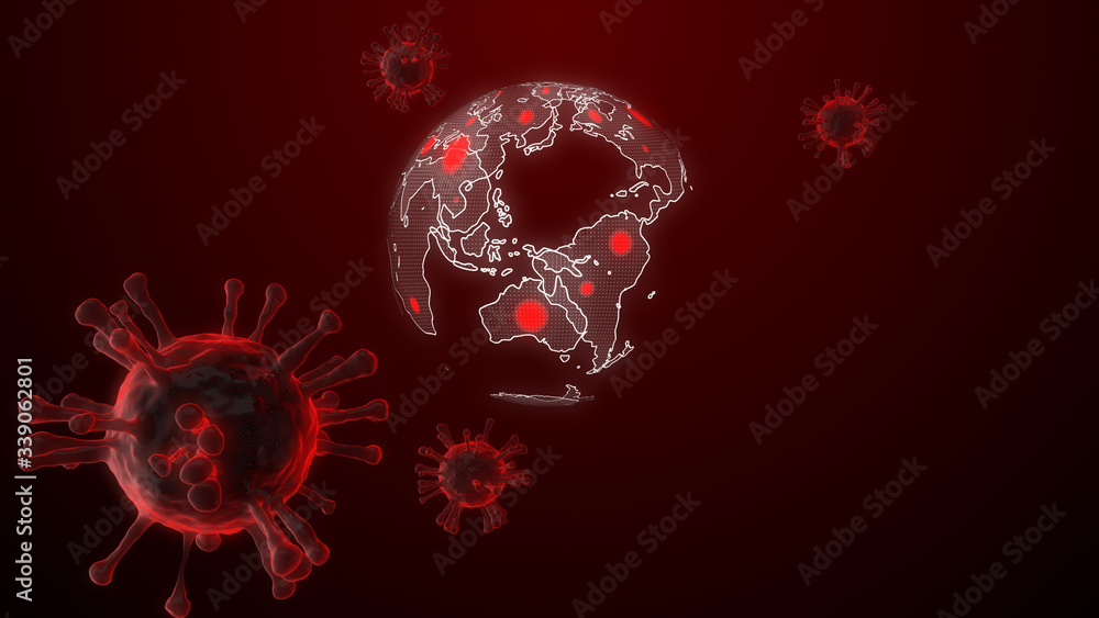 Bacteria coronavirus (COVID-19) floating around with other particles Spread around the world. Background virus cells and map earth 3D Rendering.. Bacteria coronavirus (COVID-19) floating around with other particles Spread around the world. Background virus cells and map earth 3D Rendering..