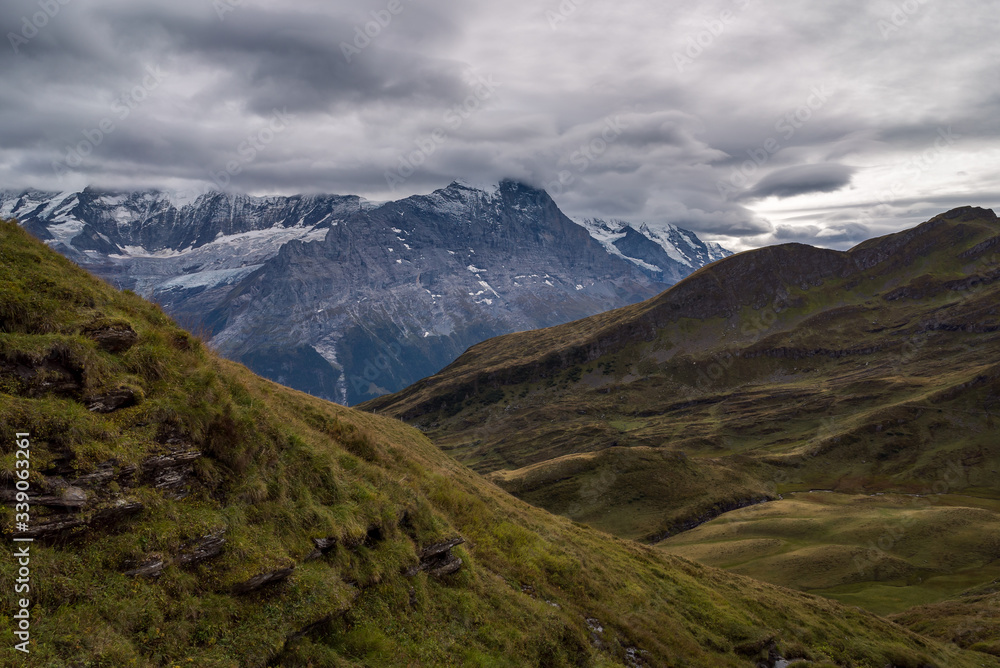 
Overlooking a mountain valley landscape in the alpine region of Grindelwald, Switzerland

