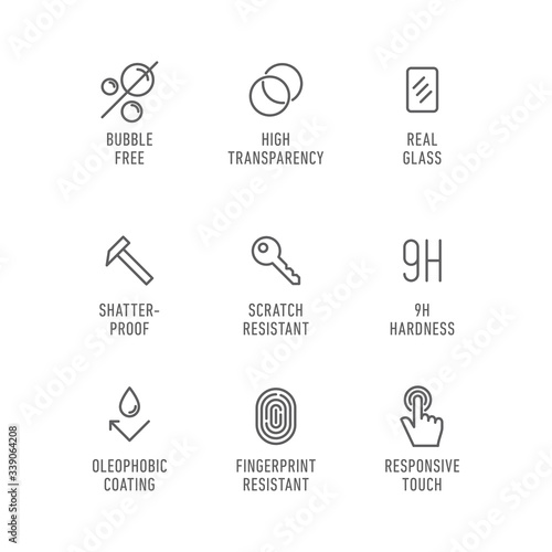 Smartphone screen protection icon set, tempered glass, screen. 