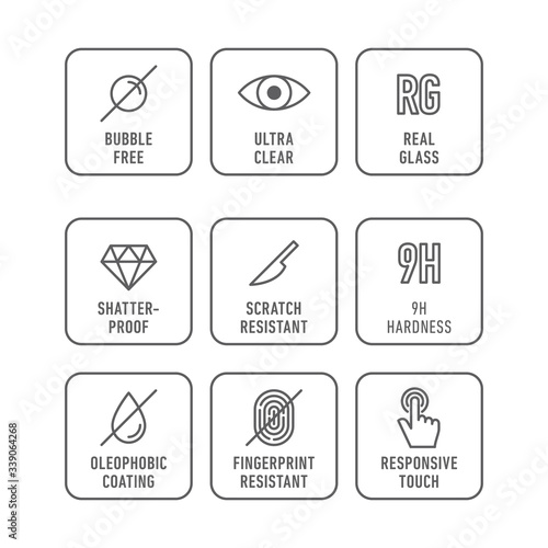 Smartphone screen protection icon set, tempered glass, screen. 