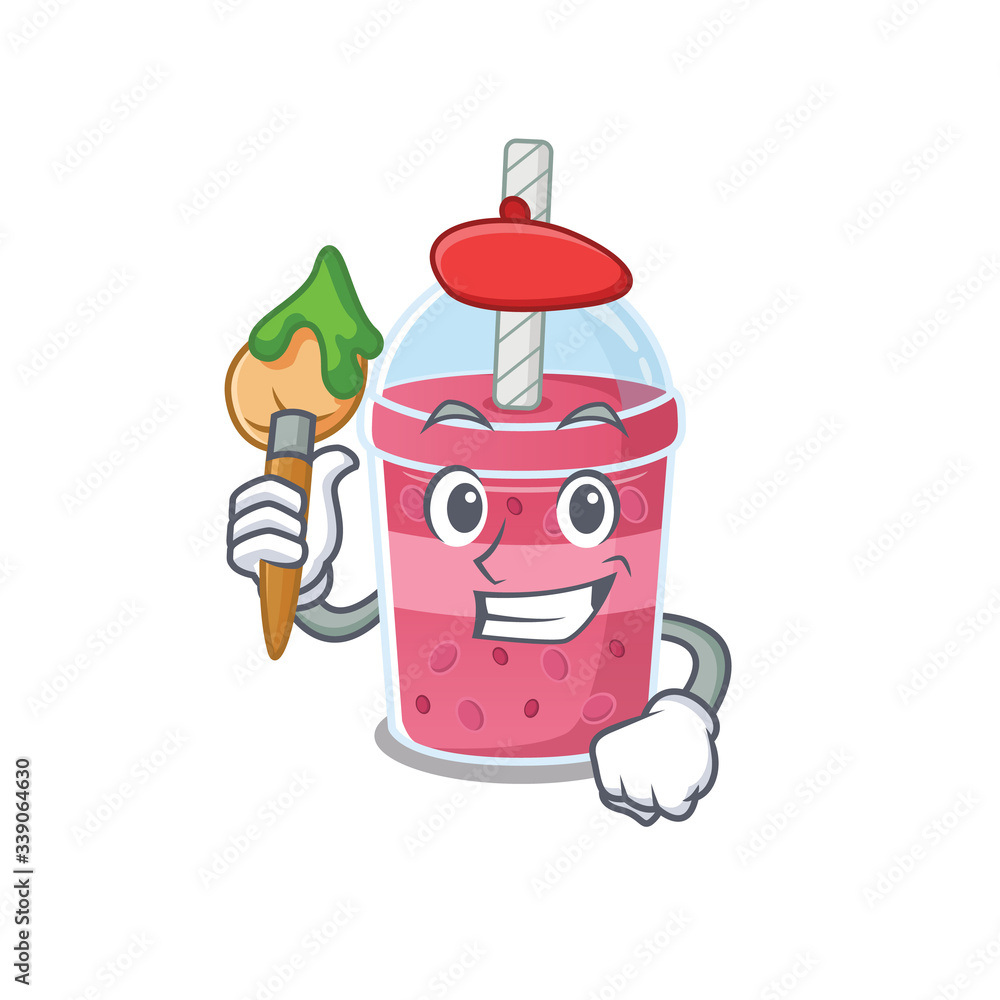 A creative strawberry bubble tea artist mascot design style paint with a brush
