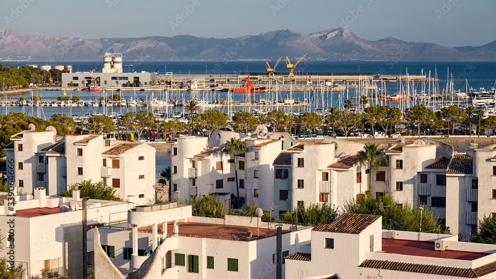 Port of Alcudia panorama at sunset, Mallorca., Spain.