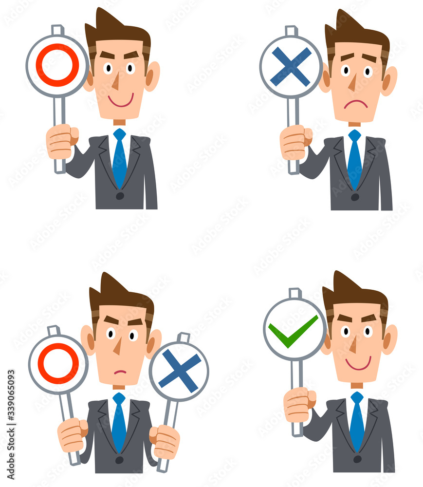 正解と不正解の札を持ったビジネスマン
