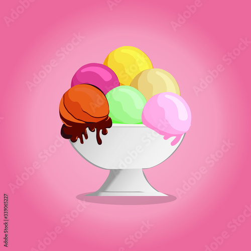 Pastel ice-cream on pink background with different flavors. Tasty colorful ice cream set for summer decorative, sweets, dessert, web design or print. Vector Illustration.