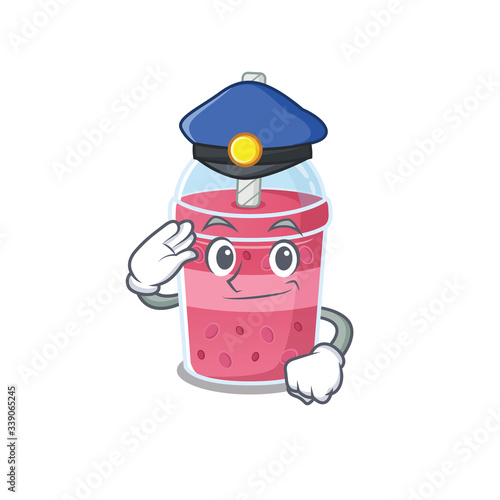 Police officer mascot design of strawberry bubble tea wearing a hat