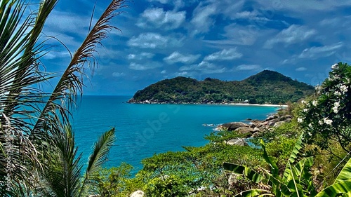 view of the ocean  green trees  palm leaves  large stones against a blue sky with white clouds  under the sun on a tropical island