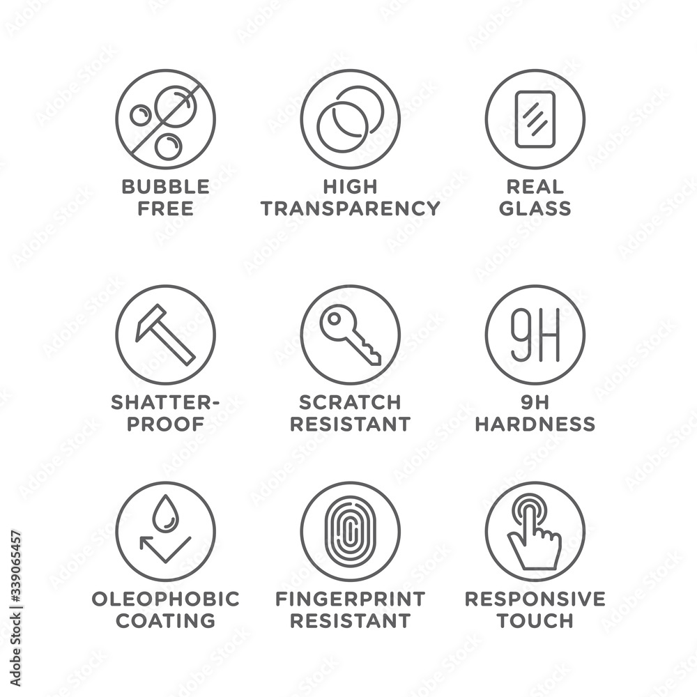 Smartphone screen protection icon set, tempered glass, screen. Smartphone screen protection icon set, tempered glass, screen.