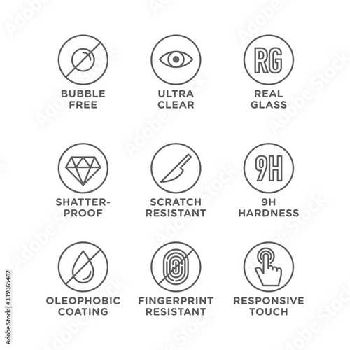 Smartphone screen protection icon set, tempered glass, screen. 