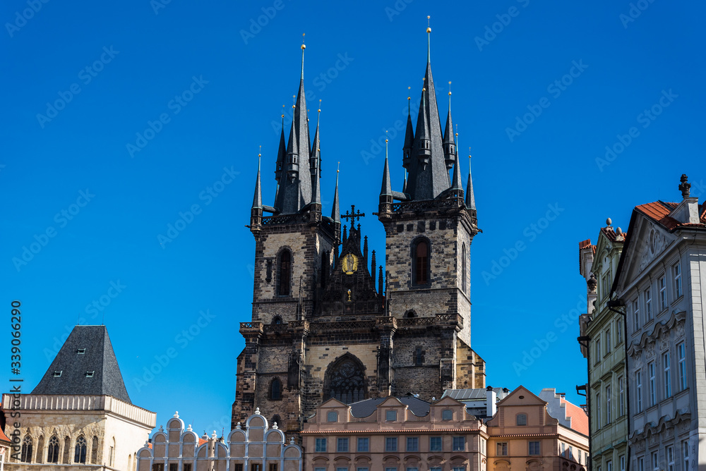 Church of Our Lady before Týn (or Týn Church) in Old Town Square in Prague, Czech Republic. Architecture and landmark of Prague, postcard of Prague