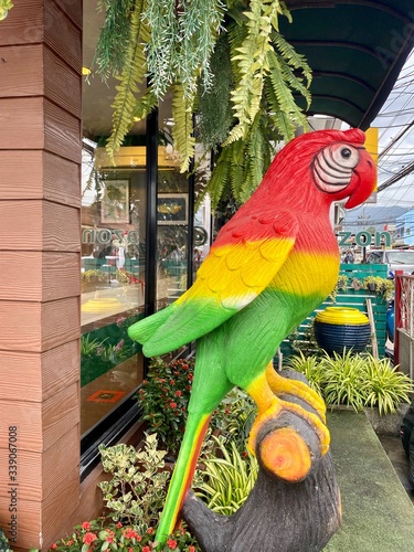 large sculpture of a parrot on the street