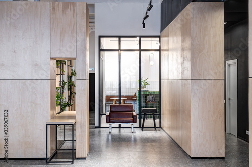 modern loft office interior with furniture