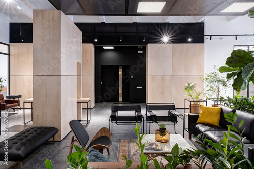 modern open space office interior with furniture