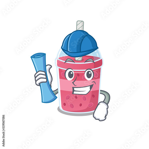 Cartoon character of strawberry bubble tea brainy Architect with blue prints and blue helmet