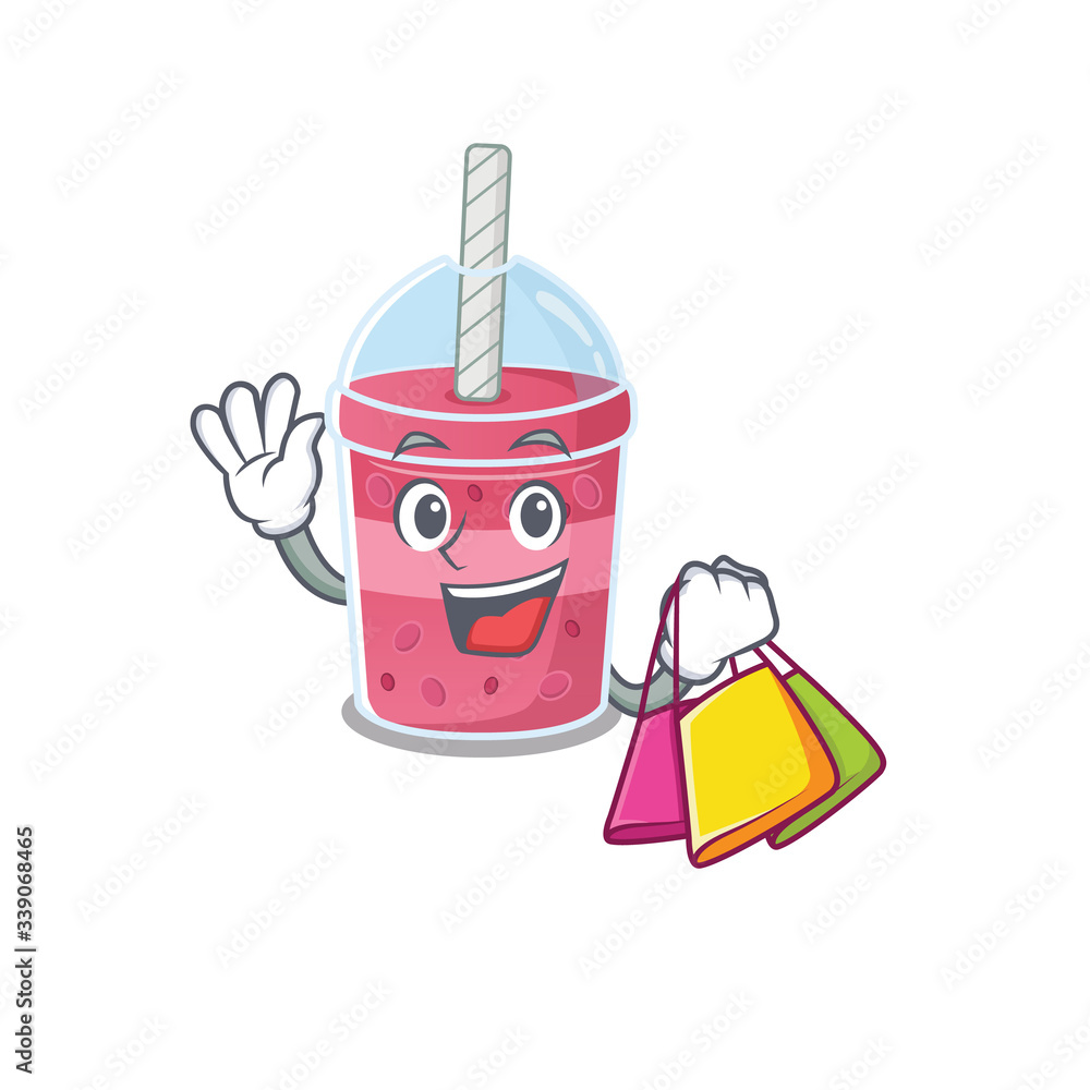 Obraz premium Rich and famous strawberry bubble tea cartoon character holding shopping bags