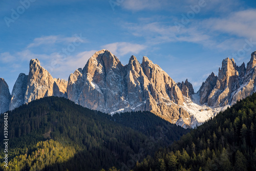 Scenic view of the Geisler Odle mountain peaks in The Dolomites in the Val di Funes in South Tyrol, Northern Italy