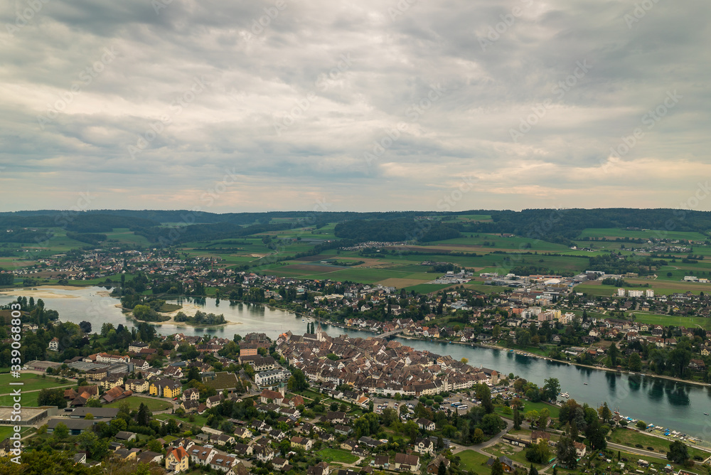 A scenic panoramic view overlooking the town of Stein am Rhein along the Rhine river in Switzerland