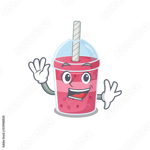A charismatic strawberry bubble tea mascot design style smiling and waving hand