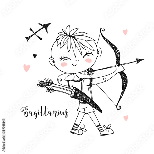 Children's zodiac. Sagittarius sign. Boy with a bow. Vector. Black and white.