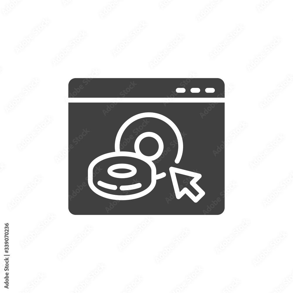 Online donut ordering vector icon. Food delivery service filled flat sign for mobile concept and web design. Website page with doughnut glyph icon. Symbol, logo illustration. Vector graphics Online donut ordering vector icon. Food delivery service filled flat sign for mobile concept and web design. Website page with doughnut glyph icon. Symbol, logo illustration. Vector graphics