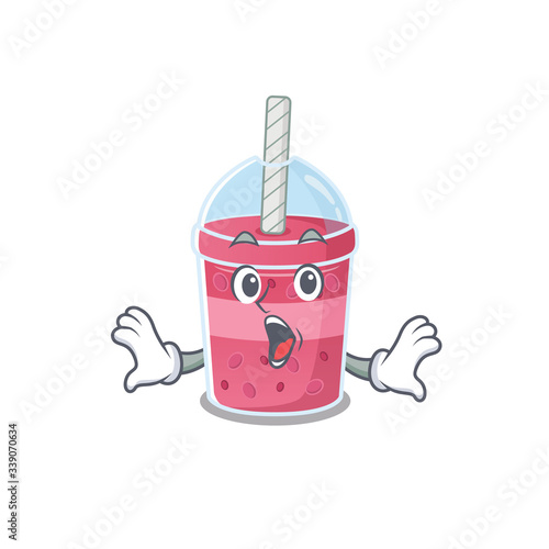 Cartoon design style of strawberry bubble tea has a surprised gesture
