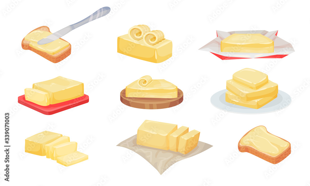 Butter Slices and Rolls Rested on Cutting Board Vector Set Butter Slices and Rolls Rested on Cutting Board Vector Set