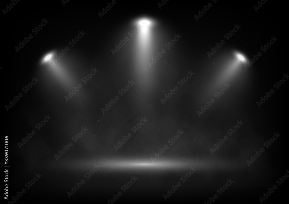 Vector spotlights on scene with light beams in the smoke. Design for presentation your product.