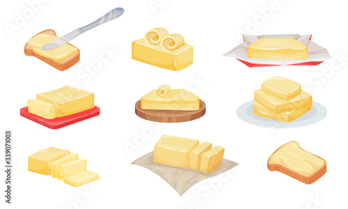 Butter Slices and Rolls Rested on Cutting Board Vector Set