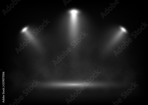 Vector spotlights on scene with light beams in the smoke. Design for presentation your product. photo