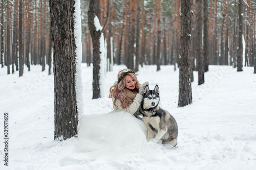 Cute bride with wreath is playing with siberian husky on background of white snow. Winter wedding.