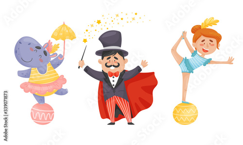 Circus Artists with Hippo Balancing on the Ball and Magician Showing Tricks Vector Set