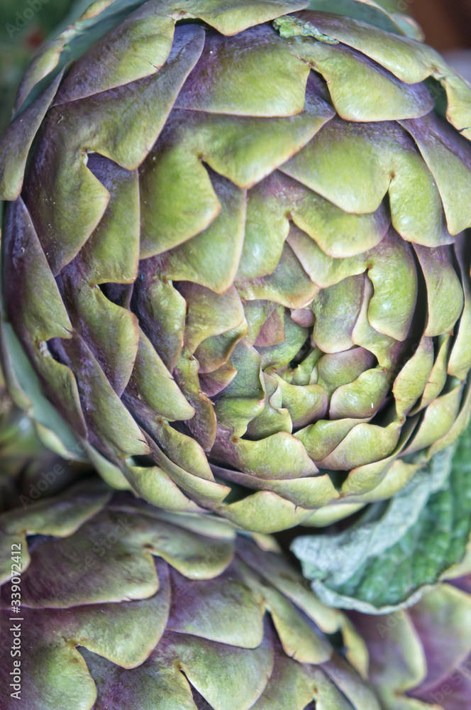 Fototapeta premium Raw artichokes close up with copy space