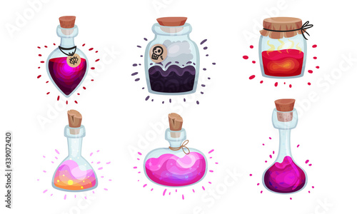 Glass Bottles and Jars with Potion Corked with Bottle Cap and Lid Vector Set