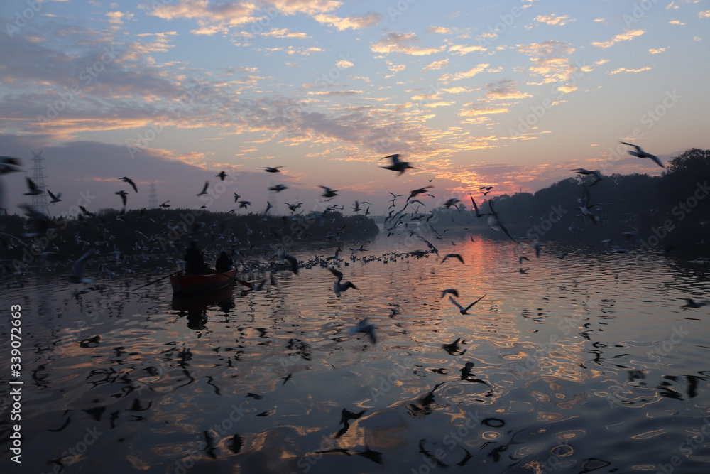 Naklejka premium Beautiful sunrise in Delhi (Yamuna Ghat) during winter