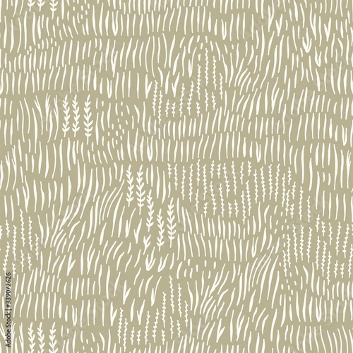 Grass field, seamless texture pattern with hand drawn silhouette  herb, vector meadow illustration in vintage style.