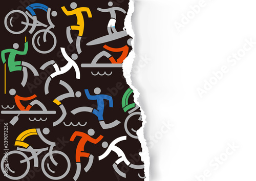 Outdoor fitness icons background on  torn paper background.
Background with Colorful icons of athletes. Banner template, place for your text or image. Vector available.