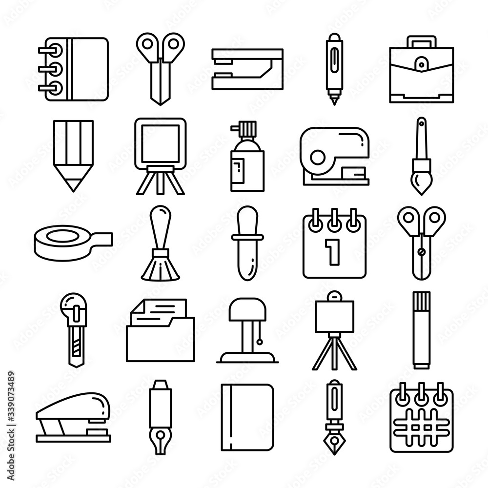 stationery and office supply icons set line design stationery and office supply icons set line design