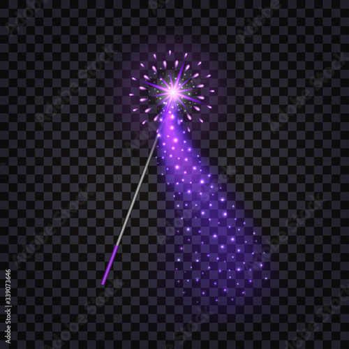 Magic wand with glowing effect, star and glitter sparkles. Isolated element for game or cartoon. Vector illustration