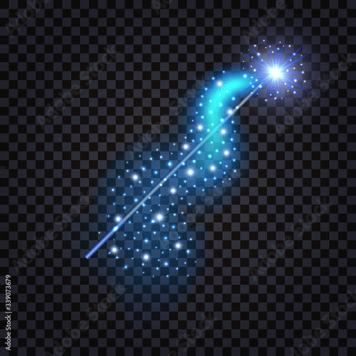 Magic Wand with blue glowing light wave, shiny star and glitter. Isolated element for game design or cartoon for magician spells. Vector illustration.