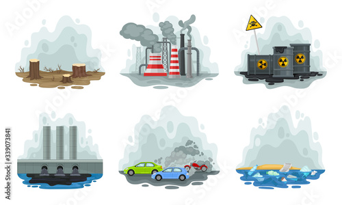 Air Pollution and Environmental Contamination Resulted in Global Warming Vector Set